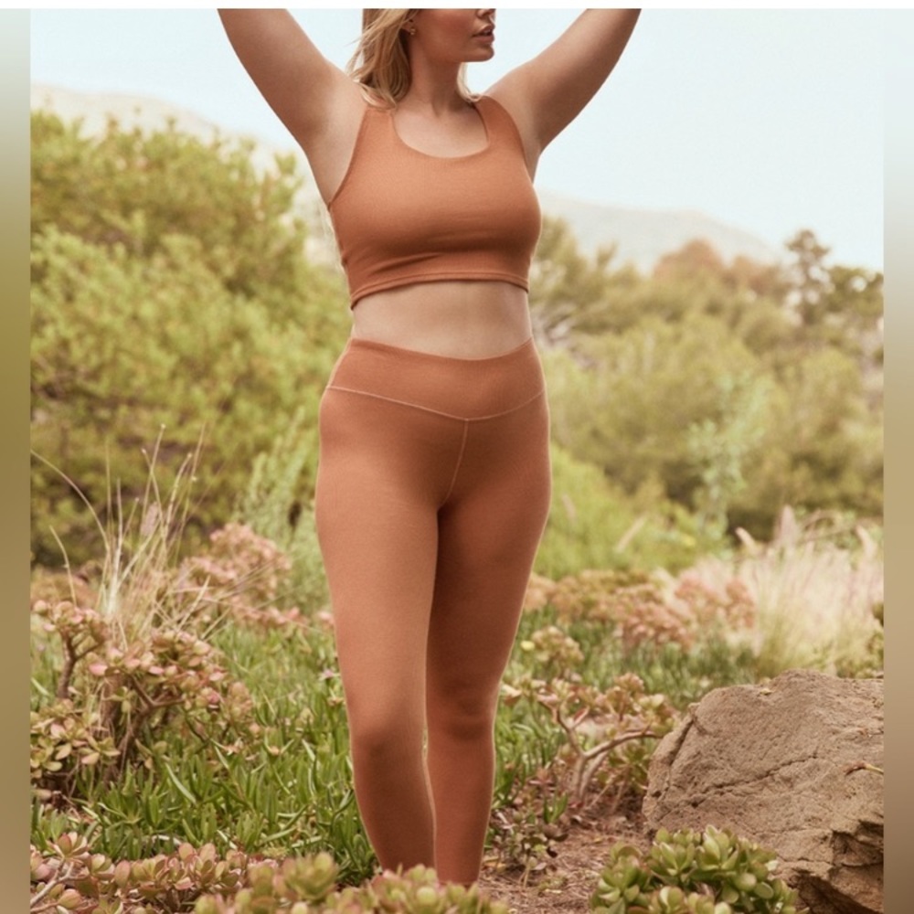 NWT PACT amber brown high waist leggings AND matching ribbed bra top, organic